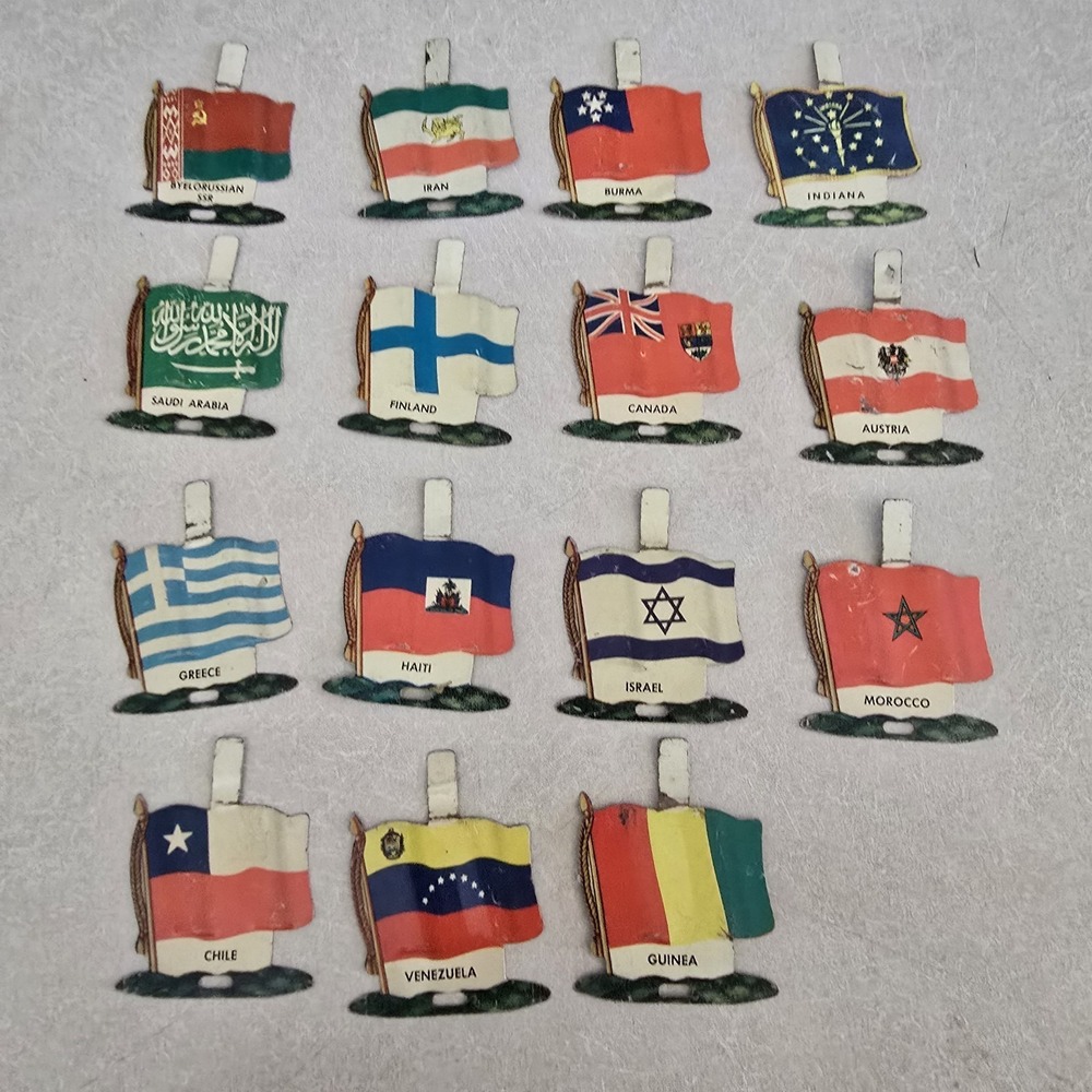 Vintage Tin Tab Flags Lot of 15 Mid Century Premium Iran Byelorussian SSR Burma